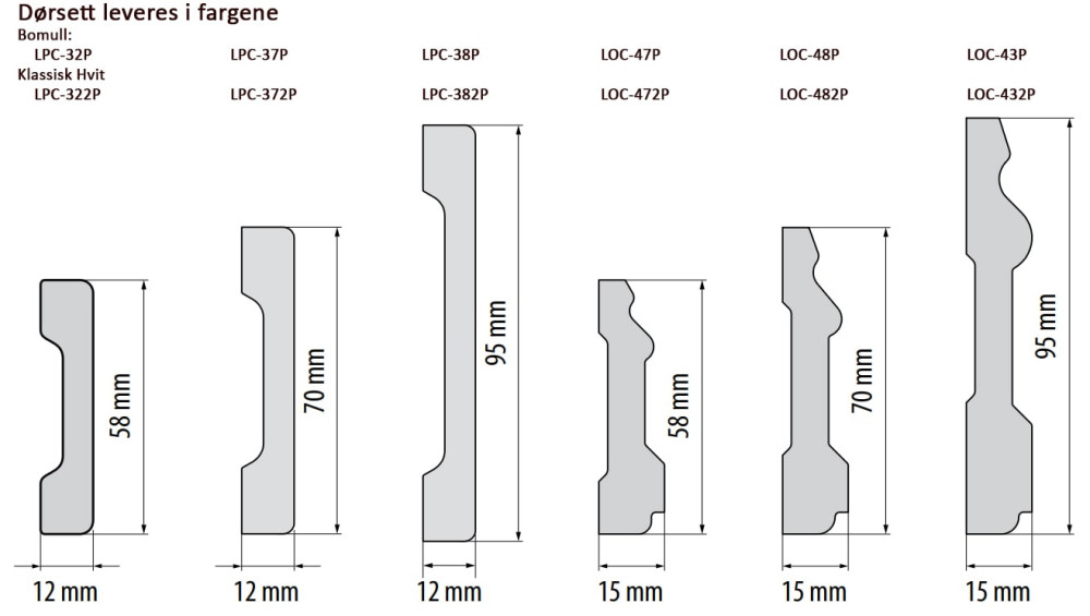 Dørsett leveres i 6 forskjellig størrelser i både Bomull og Klassisk Hvit